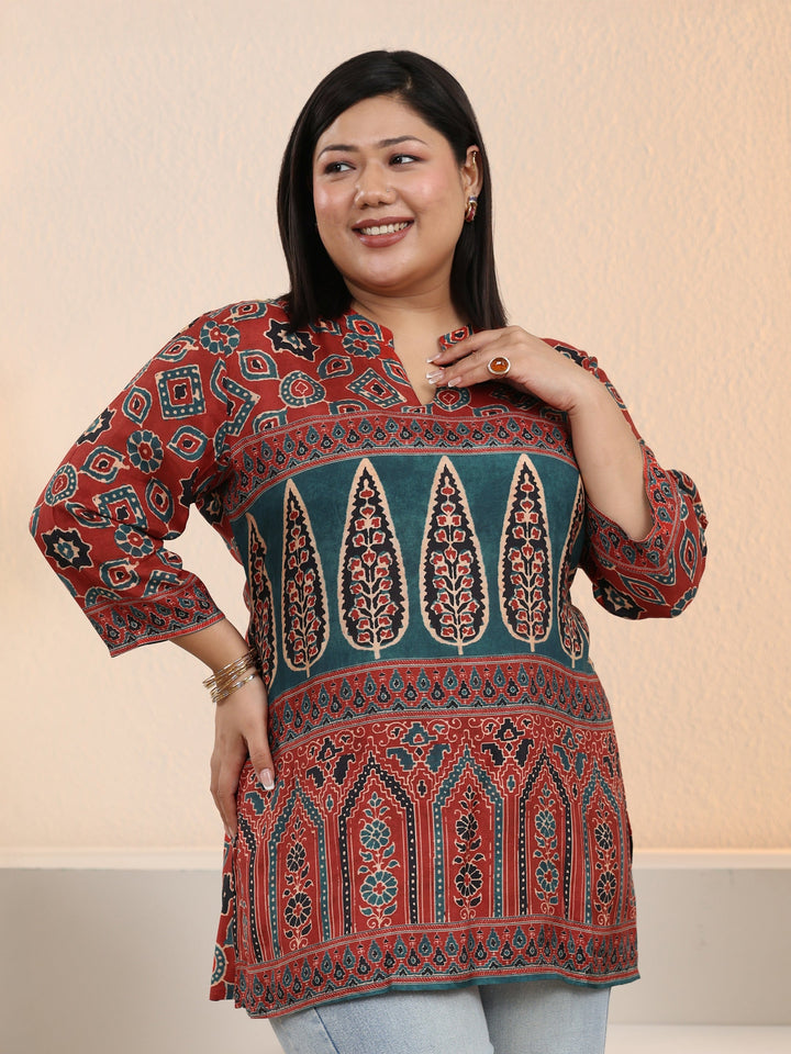 Plus Size Maroon Ethnic Printed Muslin Straight Short Kurti