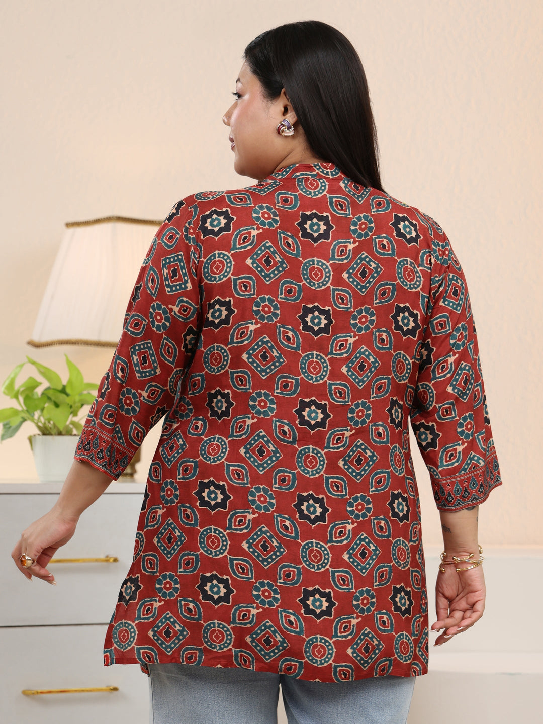 Plus Size Maroon Ethnic Printed Muslin Straight Short Kurti