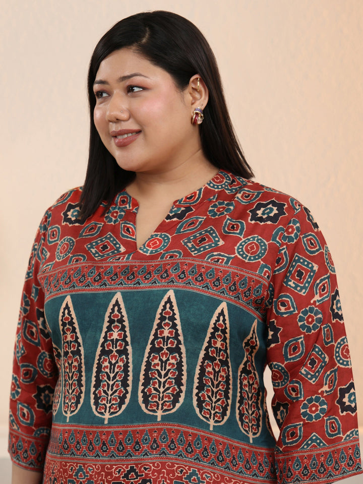 Plus Size Maroon Ethnic Printed Muslin Straight Short Kurti