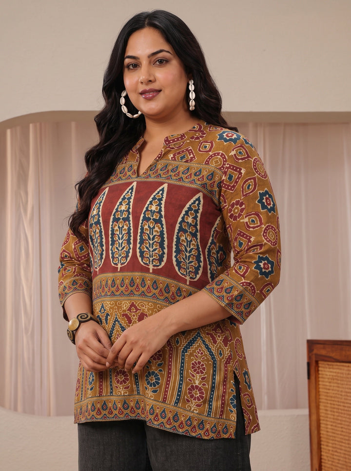 Plus Size Brown Multi Printed Muslin Straight Short Kurti