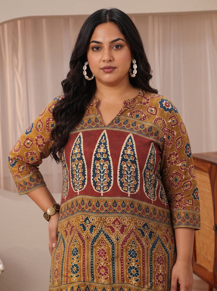 Plus Size Brown Multi Printed Muslin Straight Short Kurti