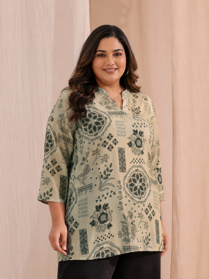 Plus Size Grey Ethnic Motif Printed Cotton blend  Straight Short Kurti