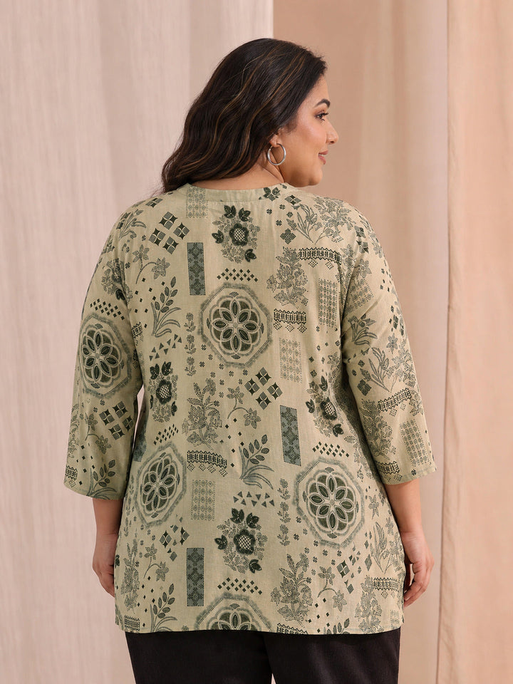Plus Size Grey Ethnic Motif Printed Cotton blend  Straight Short Kurti