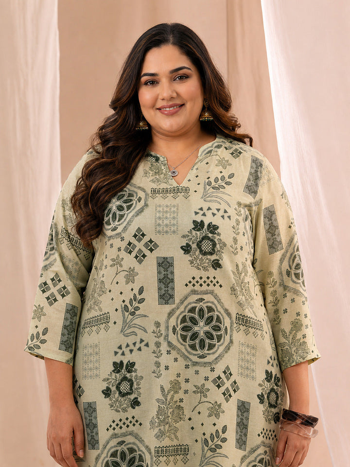Plus Size Grey Ethnic Motif Printed Cotton blend  Straight Short Kurti