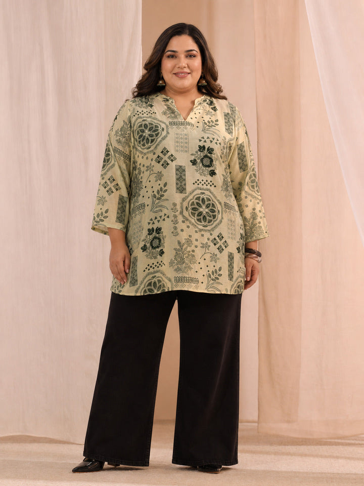 Plus Size Grey Ethnic Motif Printed Cotton blend  Straight Short Kurti