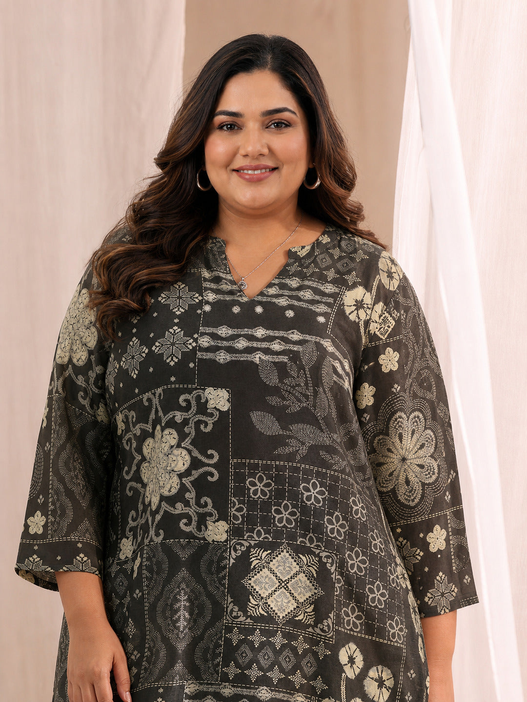Plus Size Black Ethnic Motif Printed Cotton blend  Straight Short Kurti