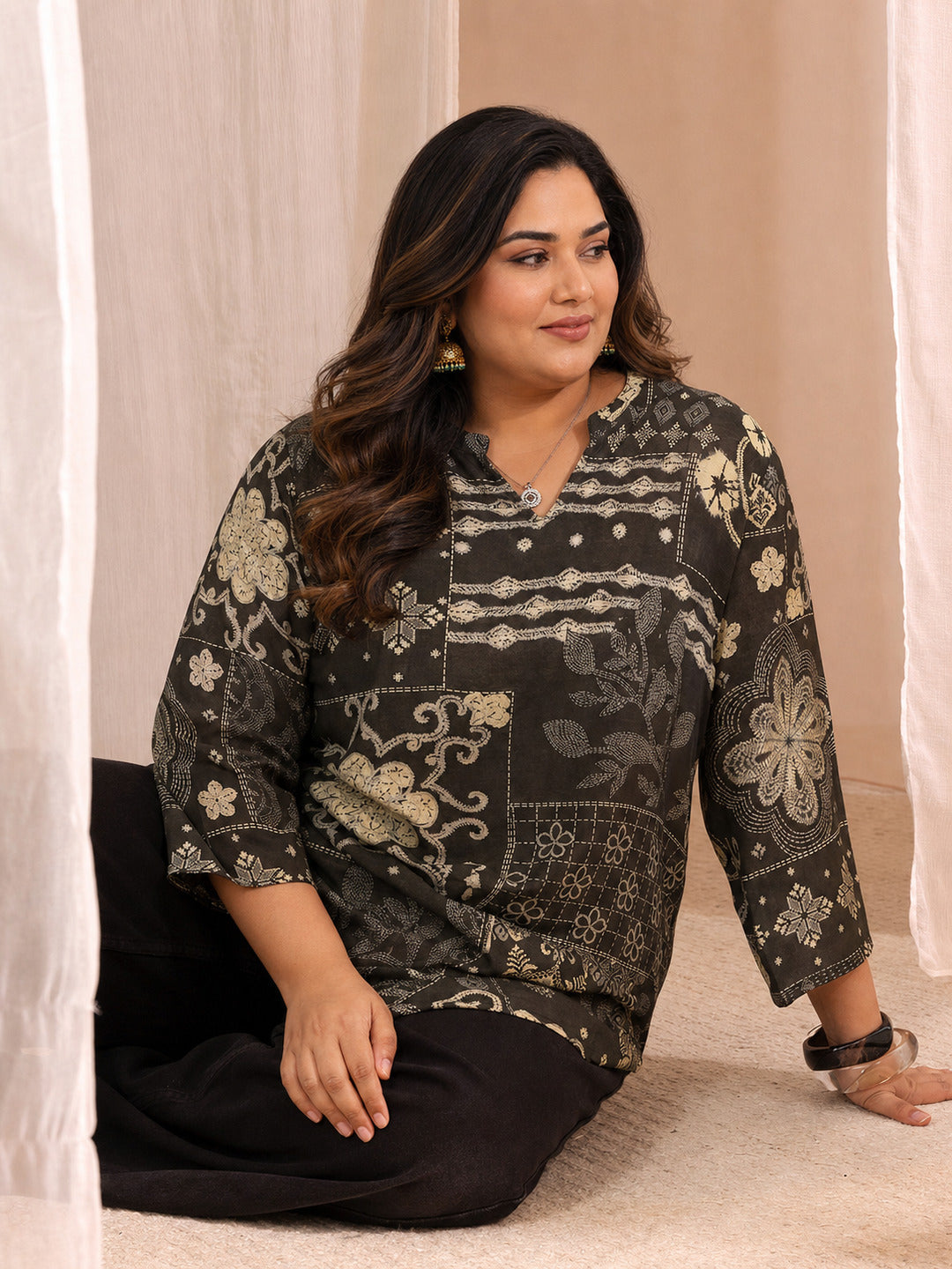Plus Size Black Ethnic Motif Printed Cotton blend  Straight Short Kurti
