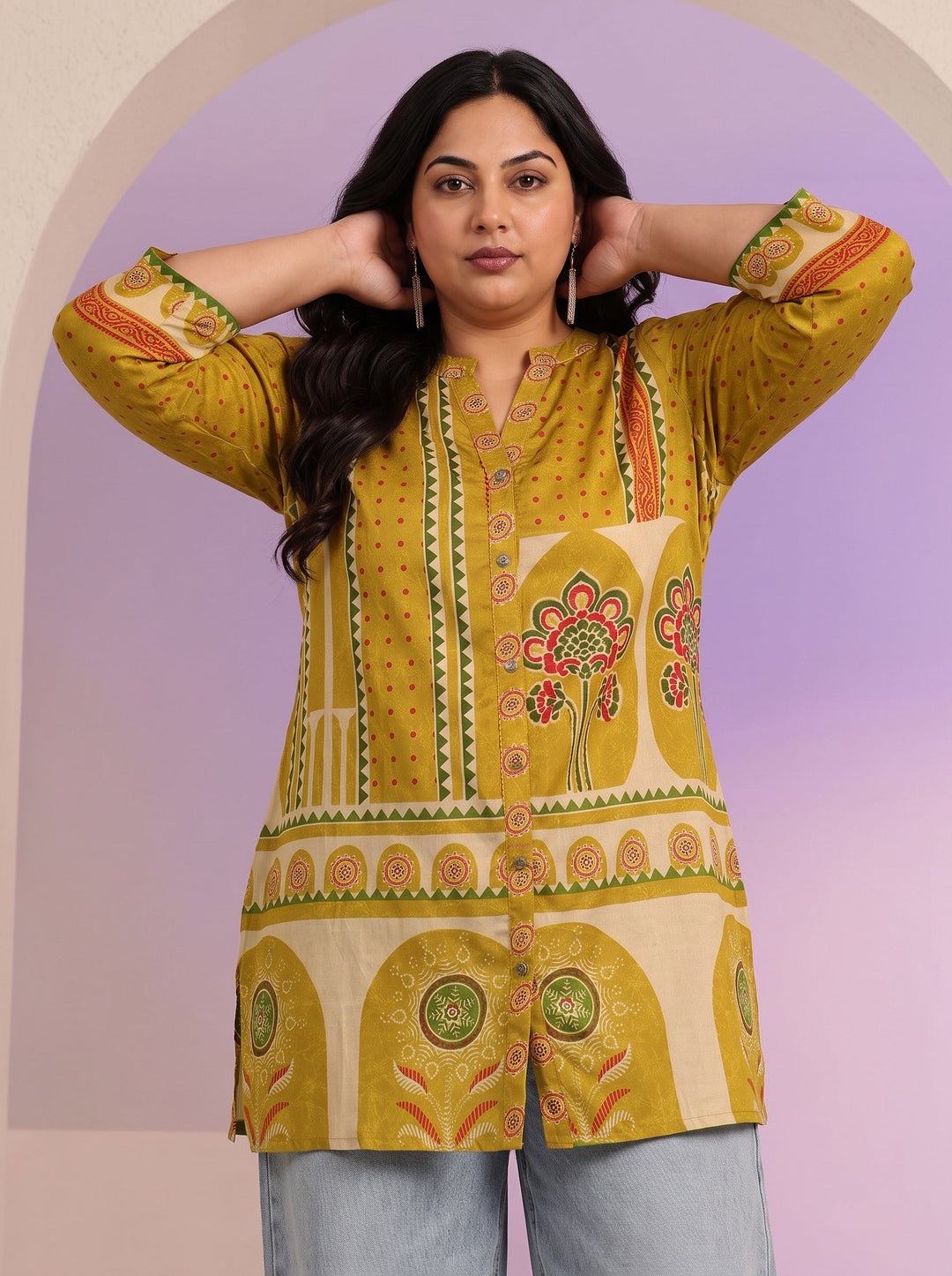 Plus Size Mustard Printed Straight Silk Blend  Short kurti