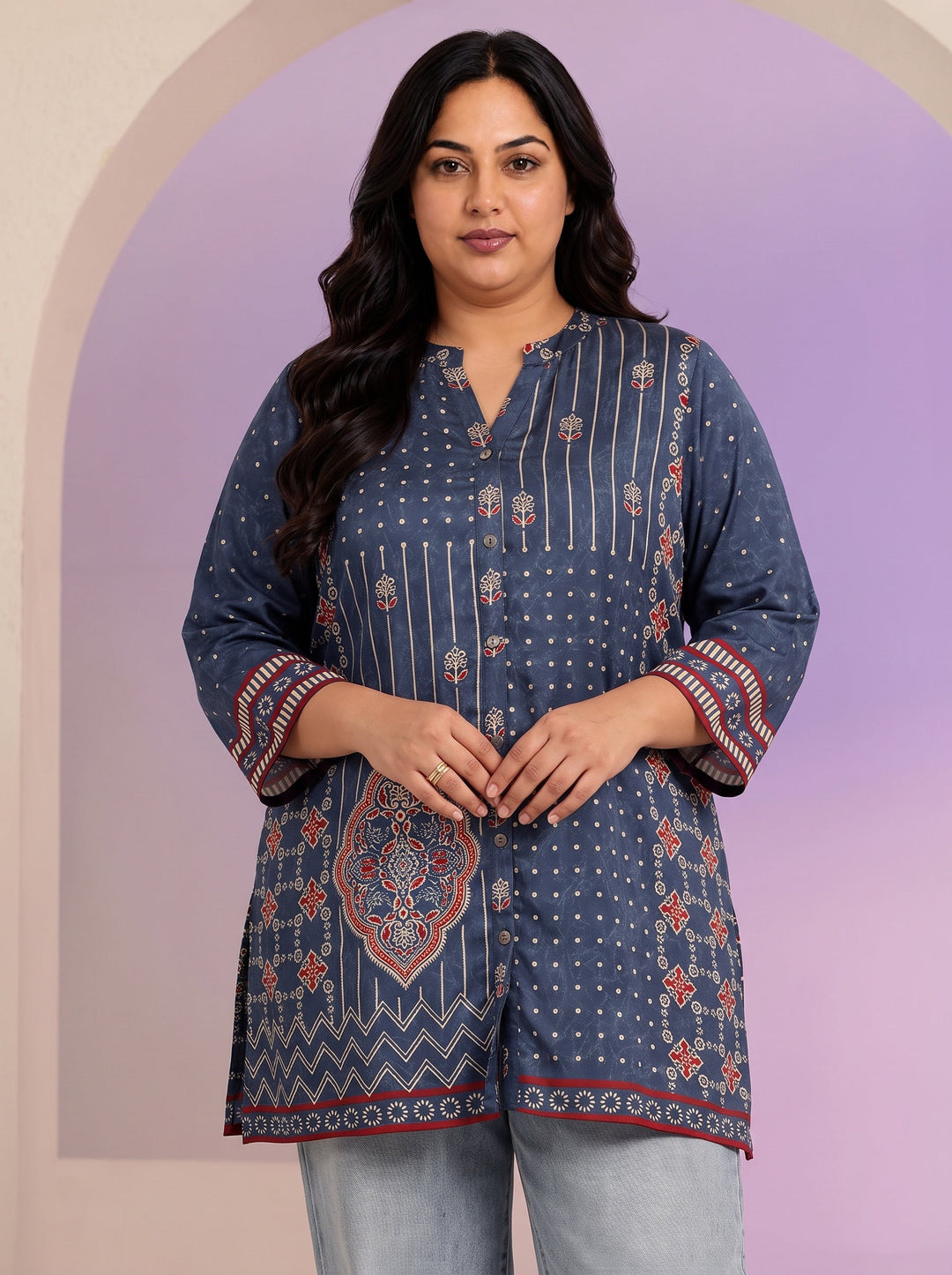 Plus Size Navy Printed Straight Cotton Blend  Short kurti