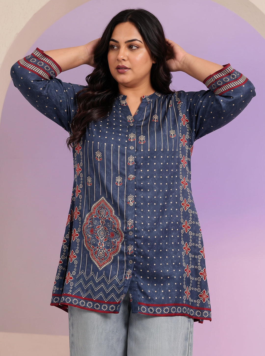 Plus Size Navy Printed Straight Cotton Blend  Short kurti