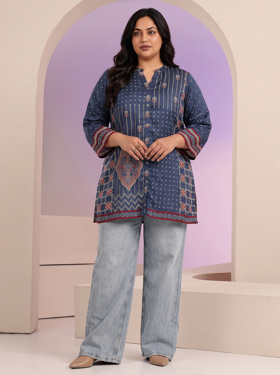 Plus Size Navy Printed Straight Cotton Blend  Short kurti