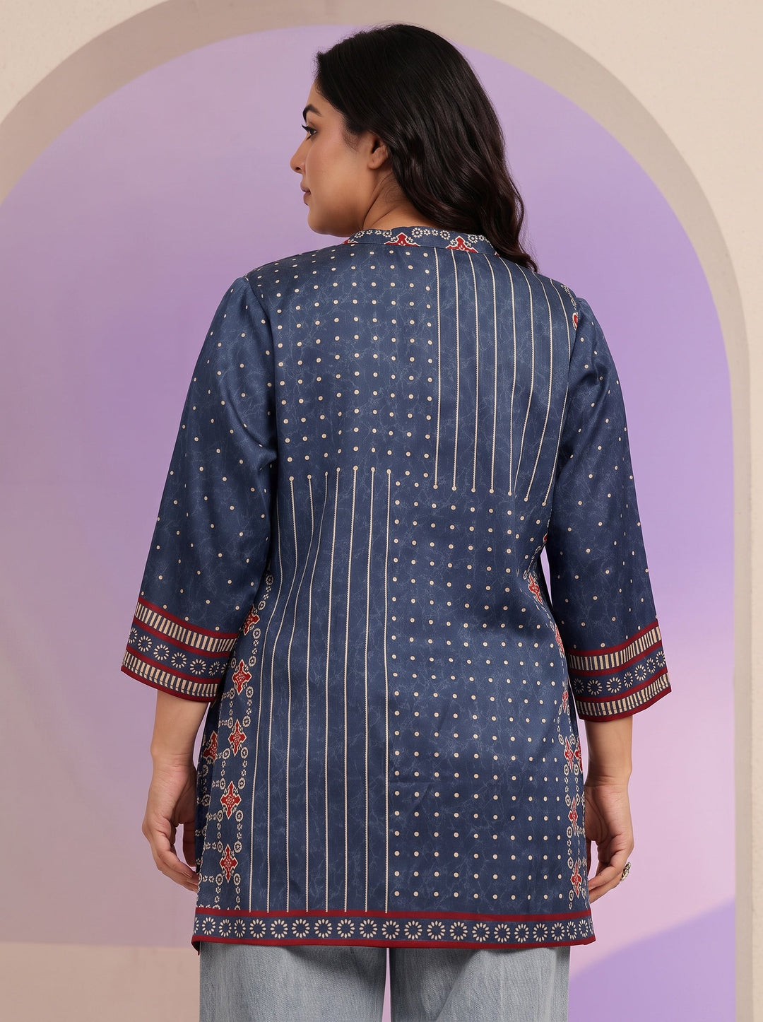 Plus Size Navy Printed Straight Cotton Blend  Short kurti