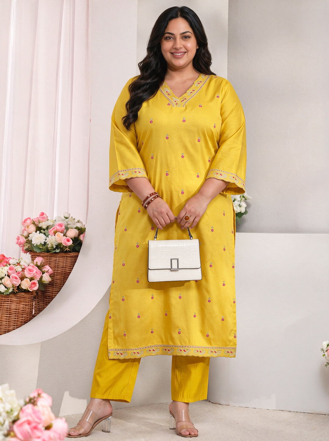 Plus Size Yellow Floral Embroidered Silk Blend Straight Kurta