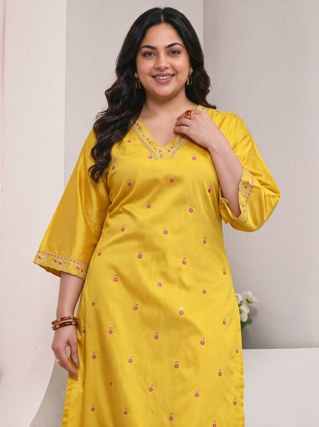 Plus Size Yellow Floral Embroidered Silk Blend Straight Kurta