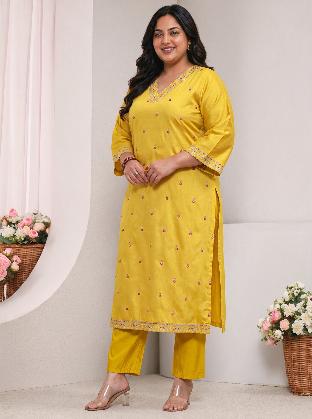 Plus Size Yellow Floral Embroidered Silk Blend Straight Kurta