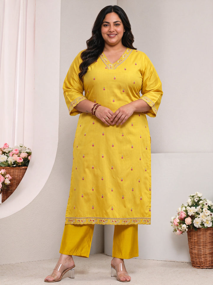 Plus Size Yellow Floral Embroidered Silk Blend Straight Kurta