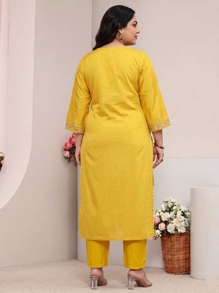 Plus Size Yellow Floral Embroidered Silk Blend Straight Kurta