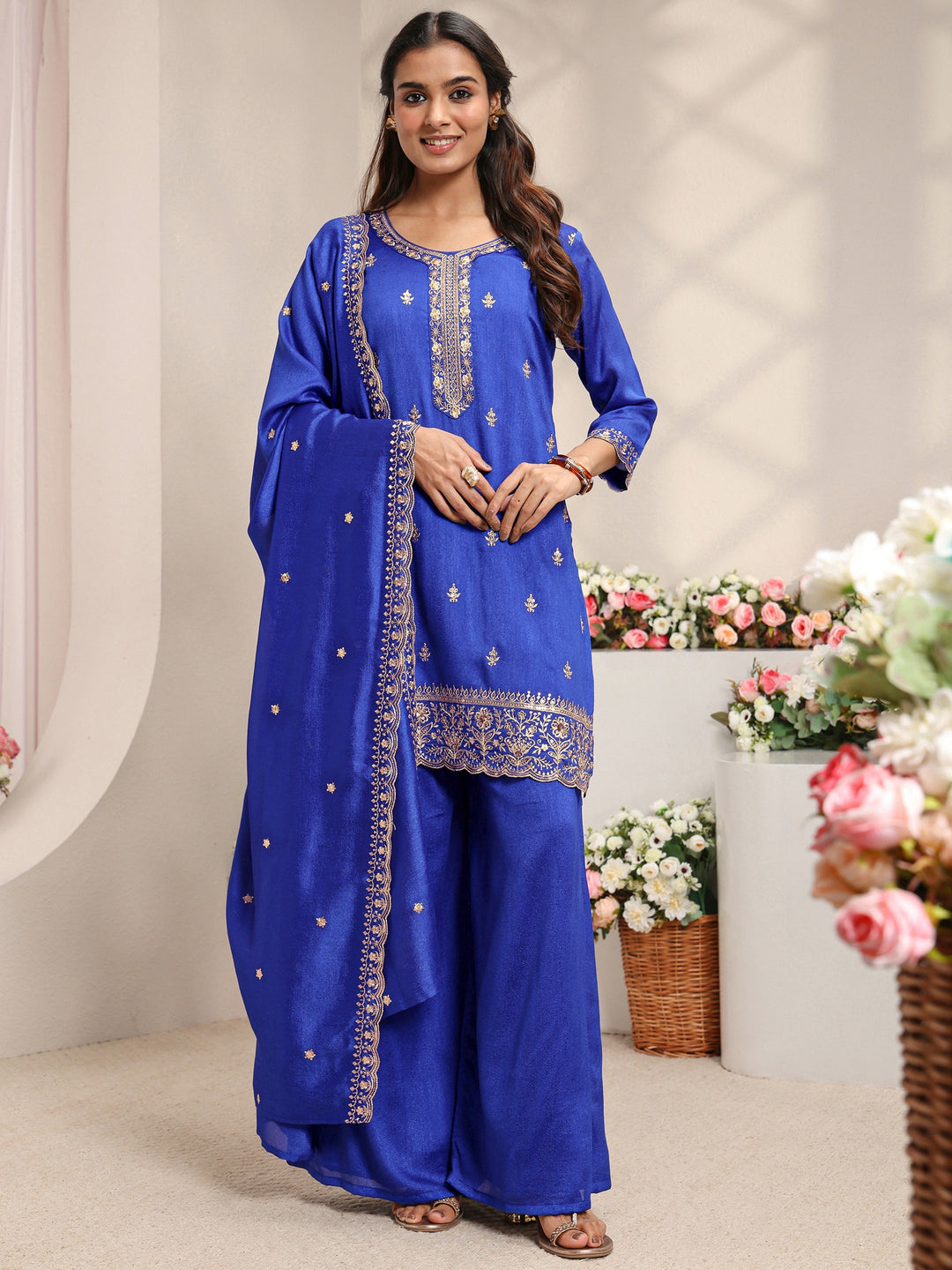 Blue Embroidered Silk Blend Straight Suit Set With Dupatta