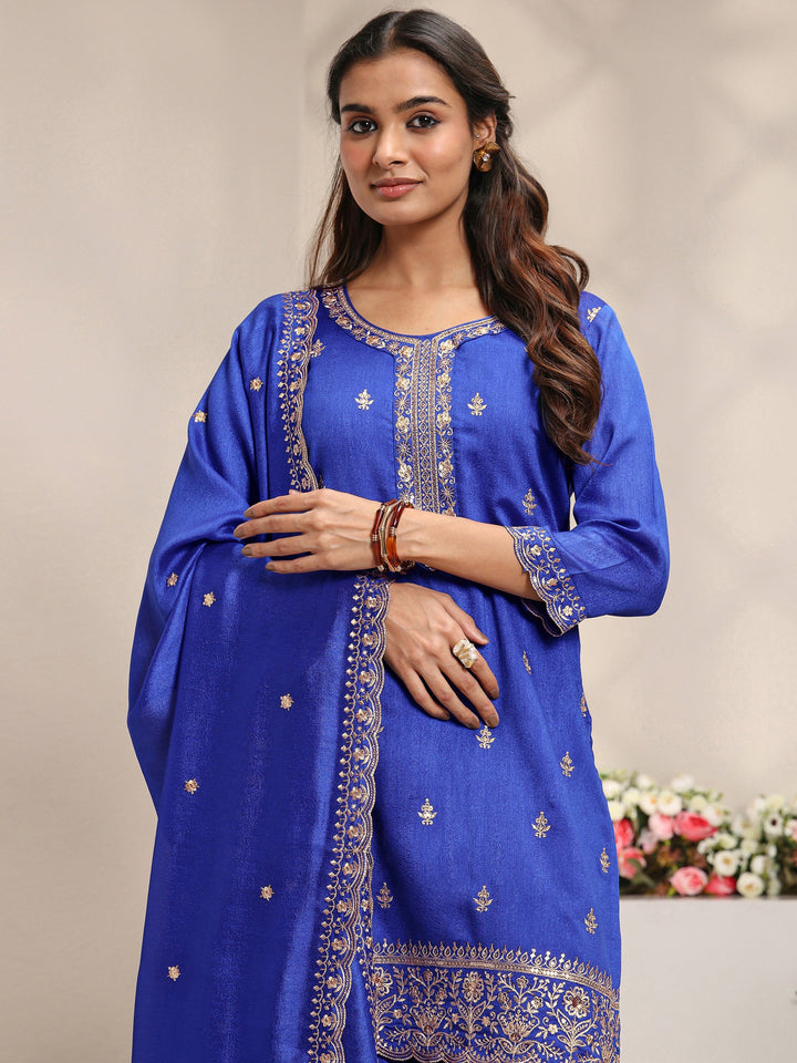 Blue Embroidered Silk Blend Straight Suit Set With Dupatta