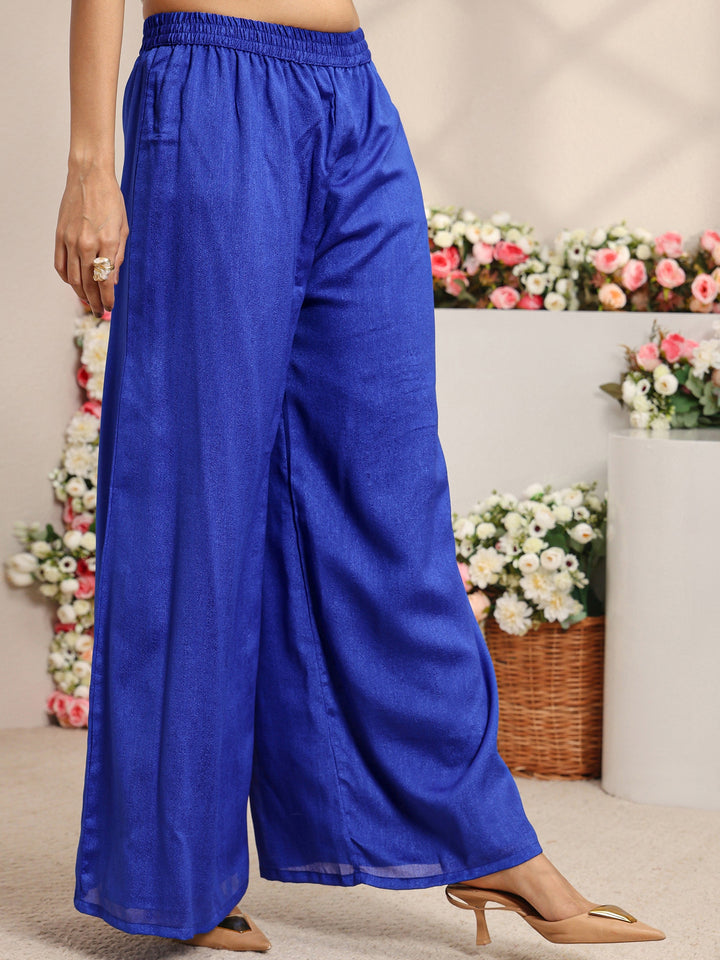 Blue Embroidered Silk Blend Straight Suit Set With Dupatta