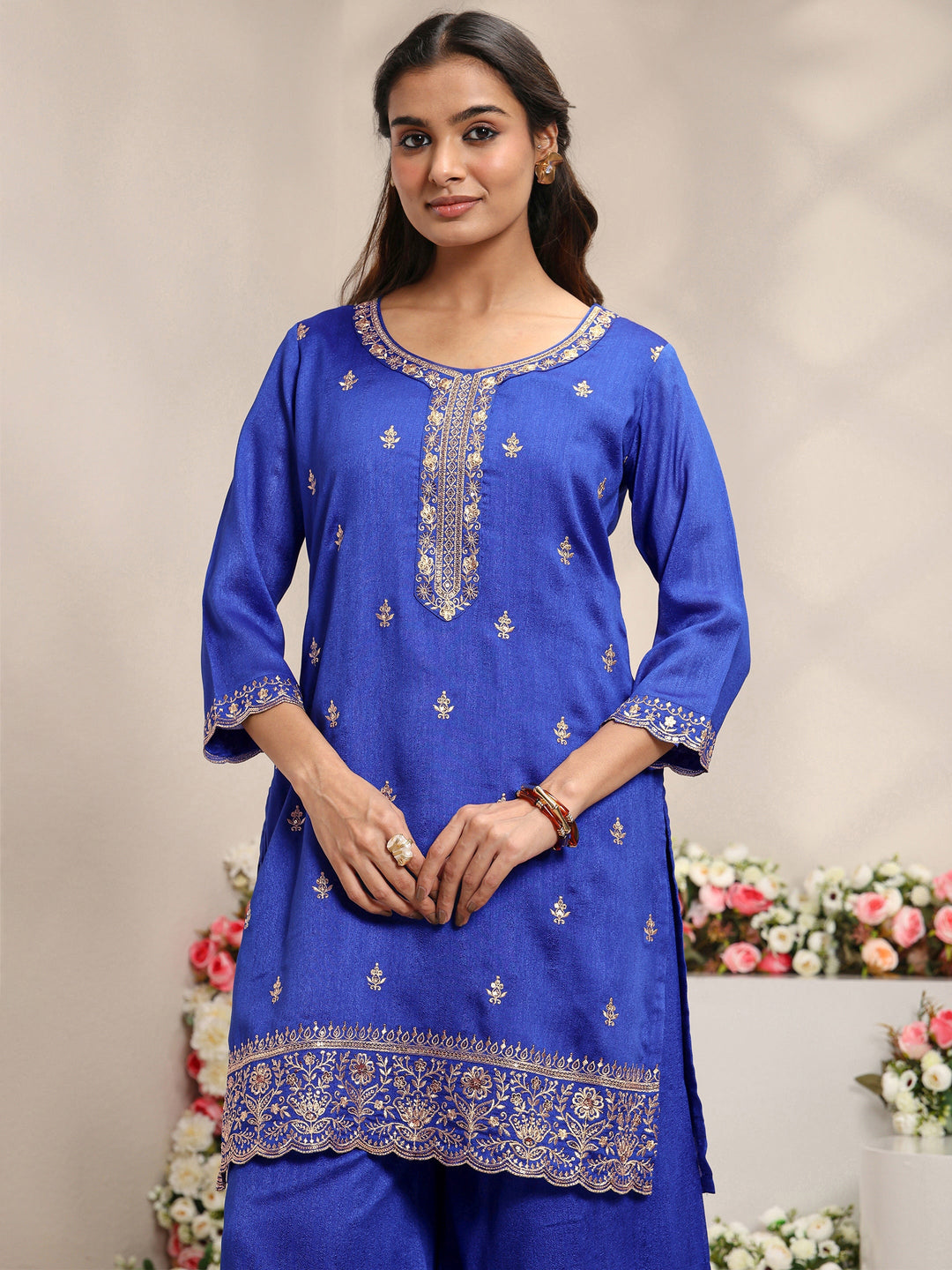 Blue Embroidered Silk Blend Straight Suit Set With Dupatta