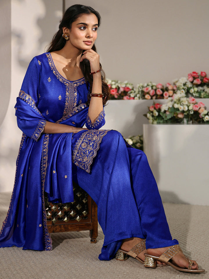 Blue Embroidered Silk Blend Straight Suit Set With Dupatta