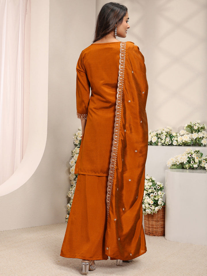 Rust Embroidered Silk Blend Straight Suit Set With Dupatta
