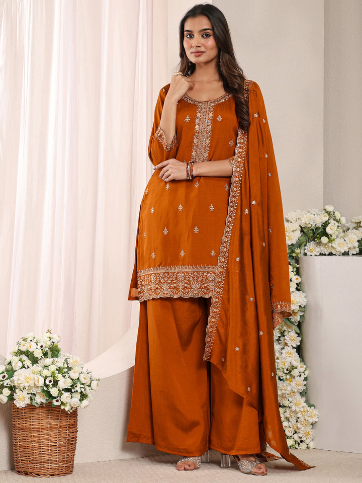 Rust Embroidered Silk Blend Straight Suit Set With Dupatta