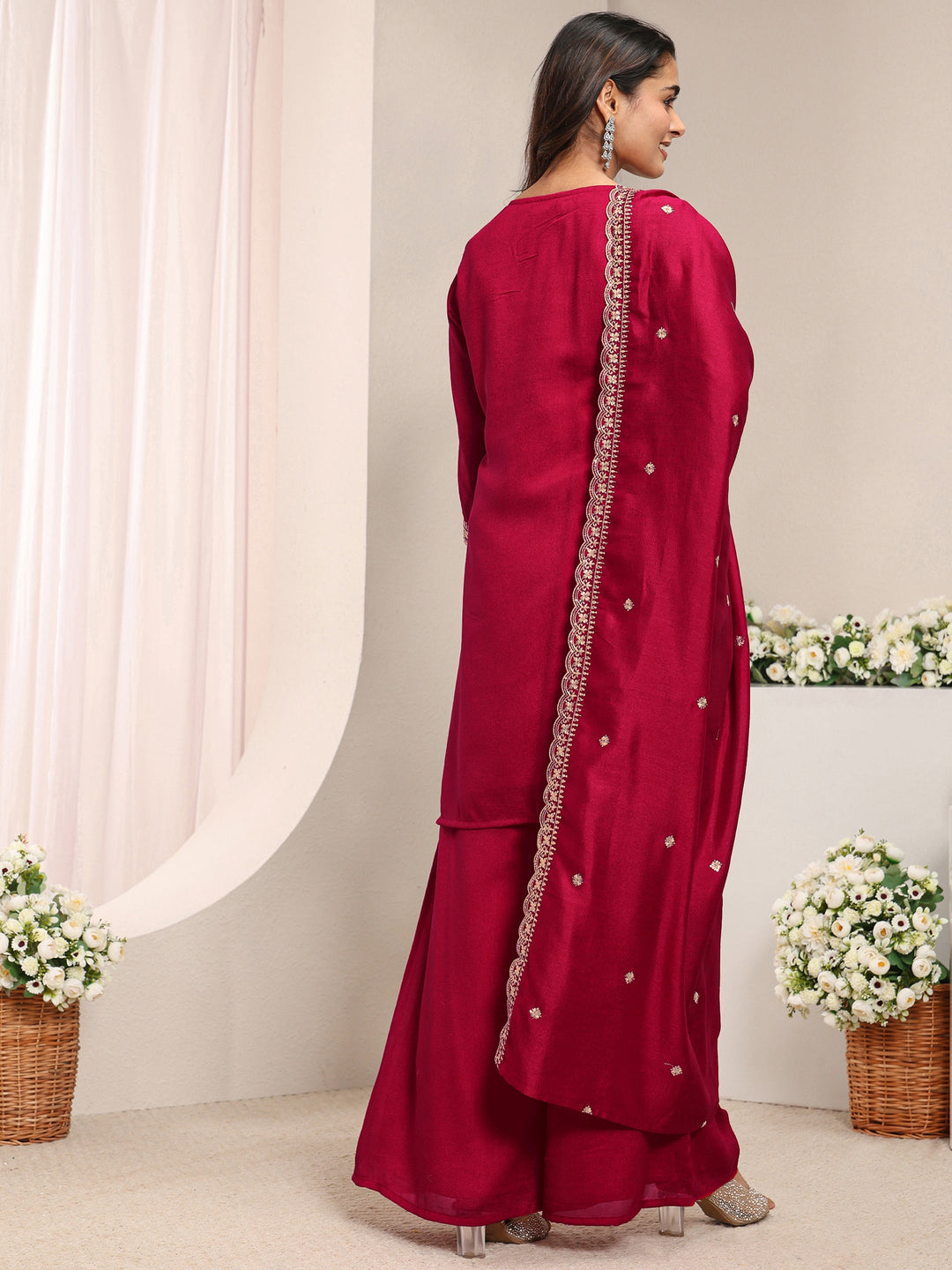 Red Embroidered Silk Blend Straight Suit Set With Dupatta