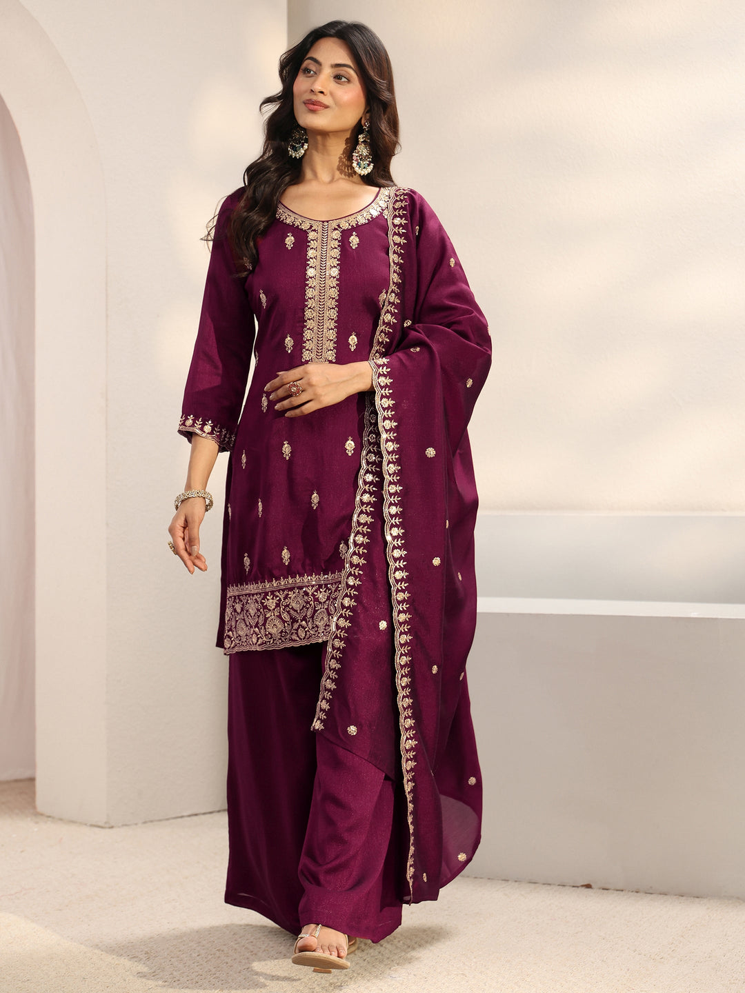 Burgundy Embroidered Silk Blend Palazzo Suit Set With Dupatta