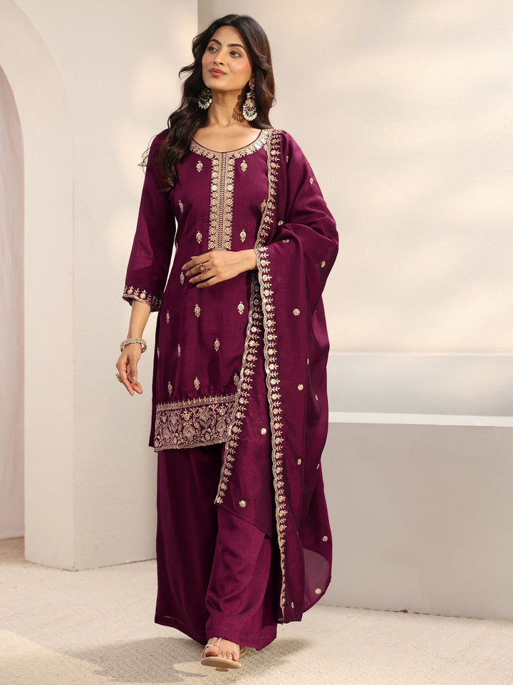 Burgundy Embroidered Silk Blend Palazzo Suit Set With Dupatta
