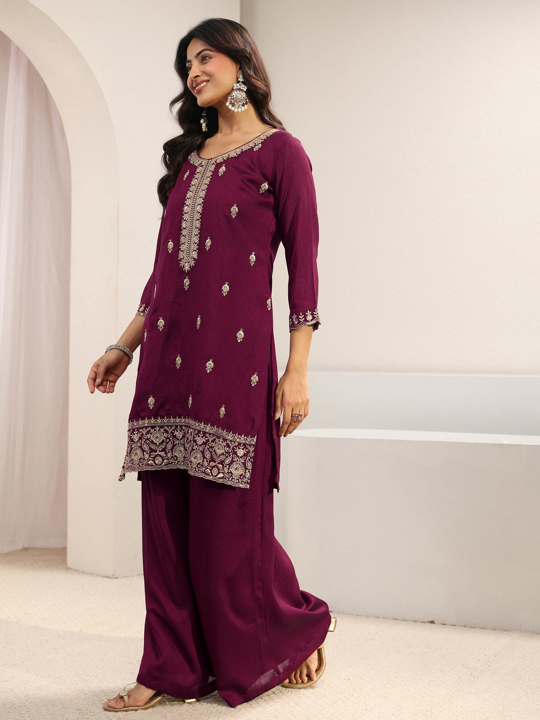 Burgundy Embroidered Silk Blend Palazzo Suit Set With Dupatta