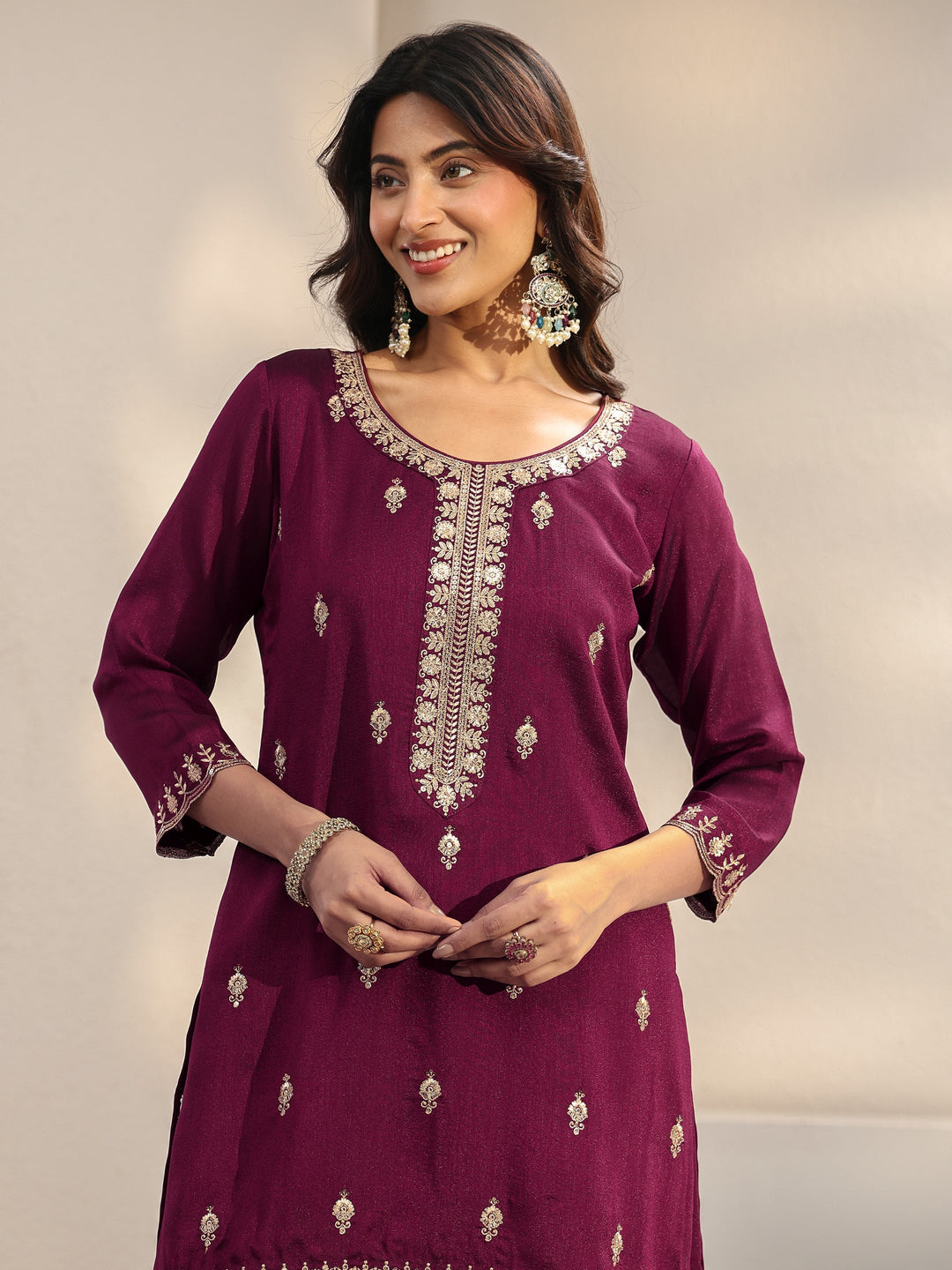 Burgundy Embroidered Silk Blend Palazzo Suit Set With Dupatta