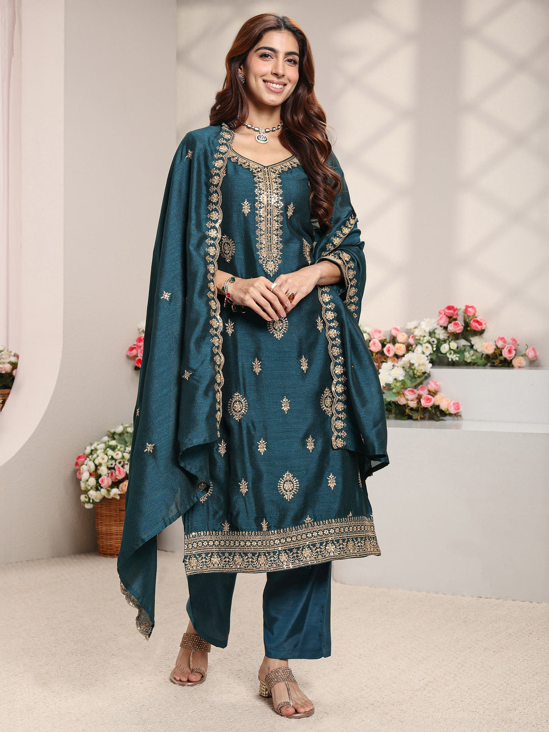 Teal Ethnic Motifs Embroidered Silk Blend Straight Suit Set With Dupatta