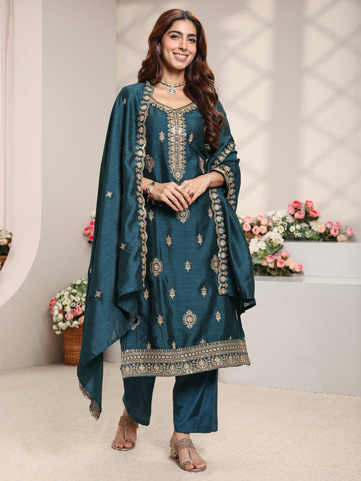 Teal Ethnic Motifs Embroidered Silk Blend Straight Suit Set With Dupatta