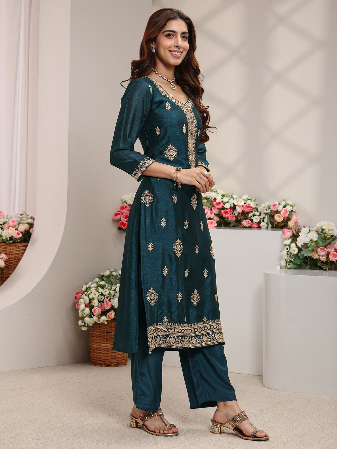 Teal Ethnic Motifs Embroidered Silk Blend Straight Suit Set With Dupatta