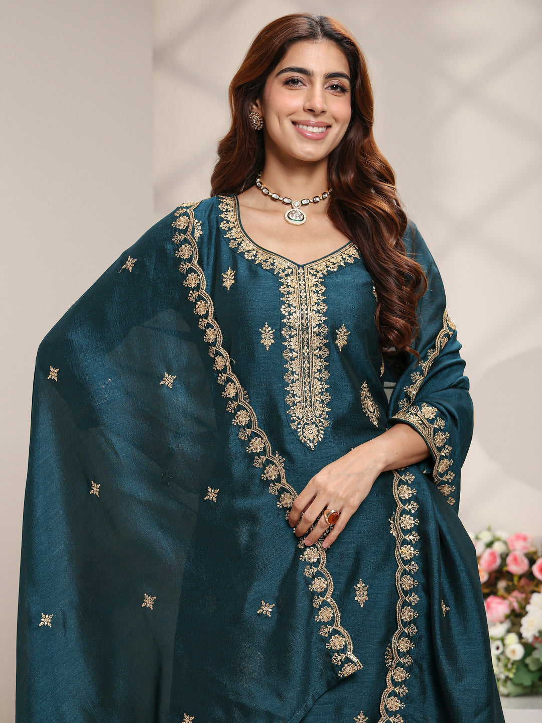 Teal Ethnic Motifs Embroidered Silk Blend Straight Suit Set With Dupatta