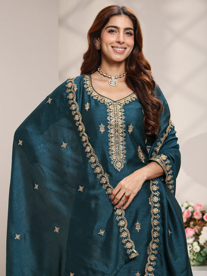 Teal Ethnic Motifs Embroidered Silk Blend Straight Suit Set With Dupatta