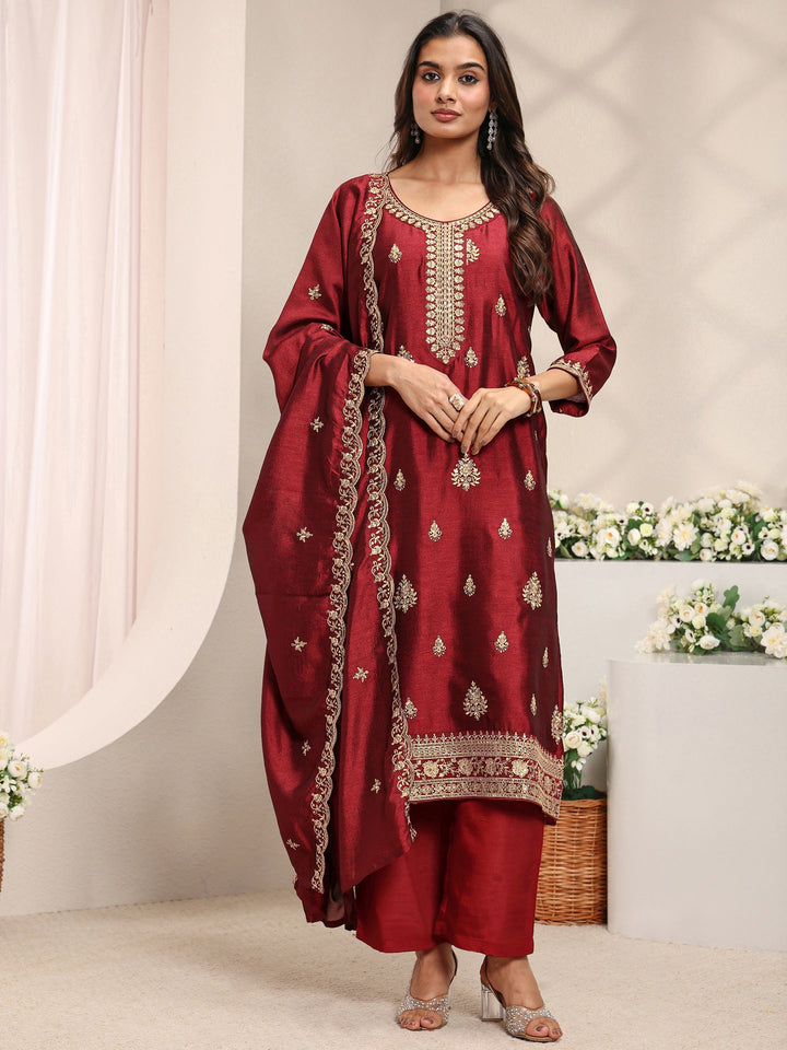 Maroon Ethnic Motifs Embroidered Silk Blend Straight Suit Set With Dupatta
