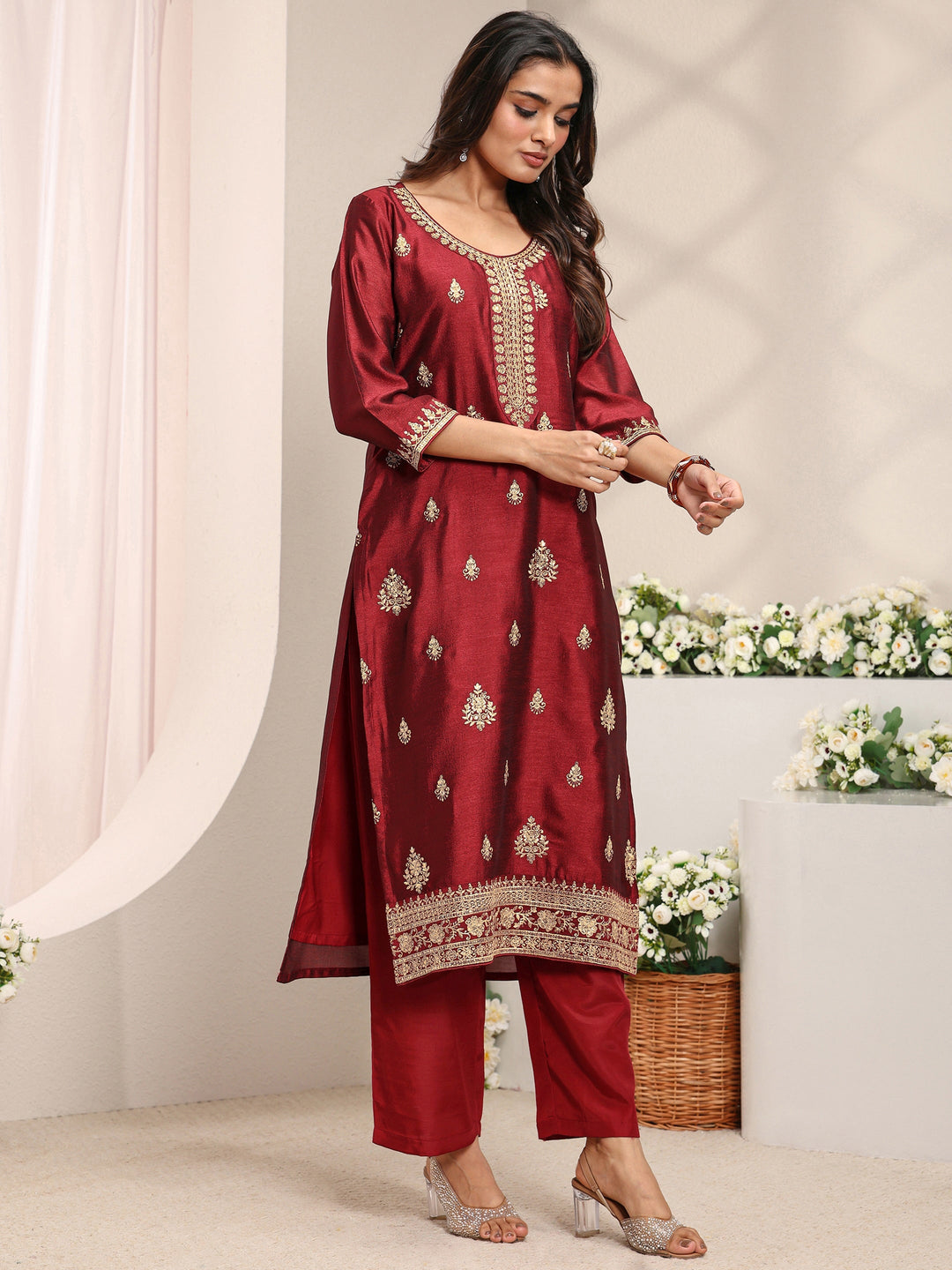 Maroon Ethnic Motifs Embroidered Silk Blend Straight Suit Set With Dupatta