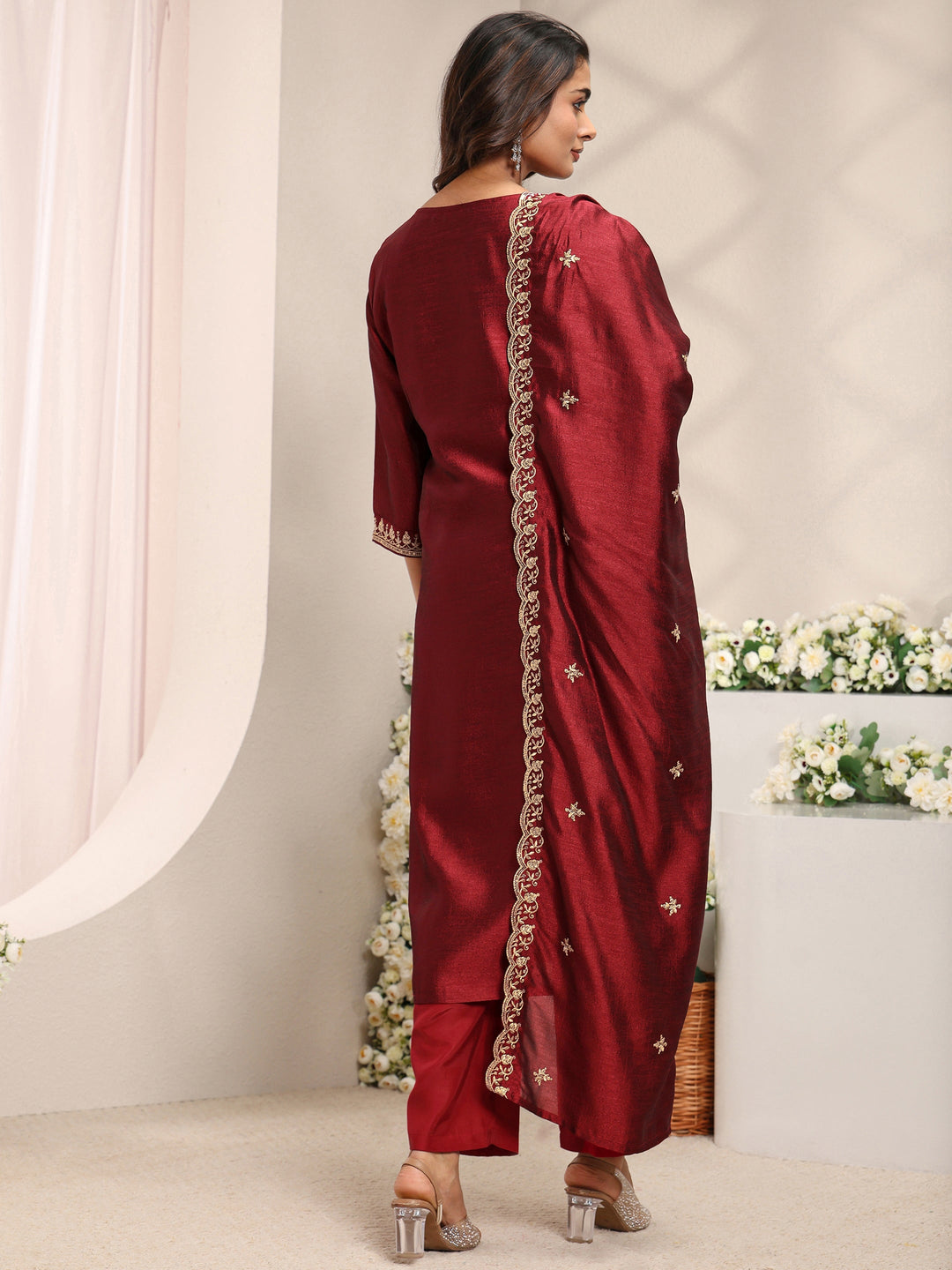 Maroon Ethnic Motifs Embroidered Silk Blend Straight Suit Set With Dupatta