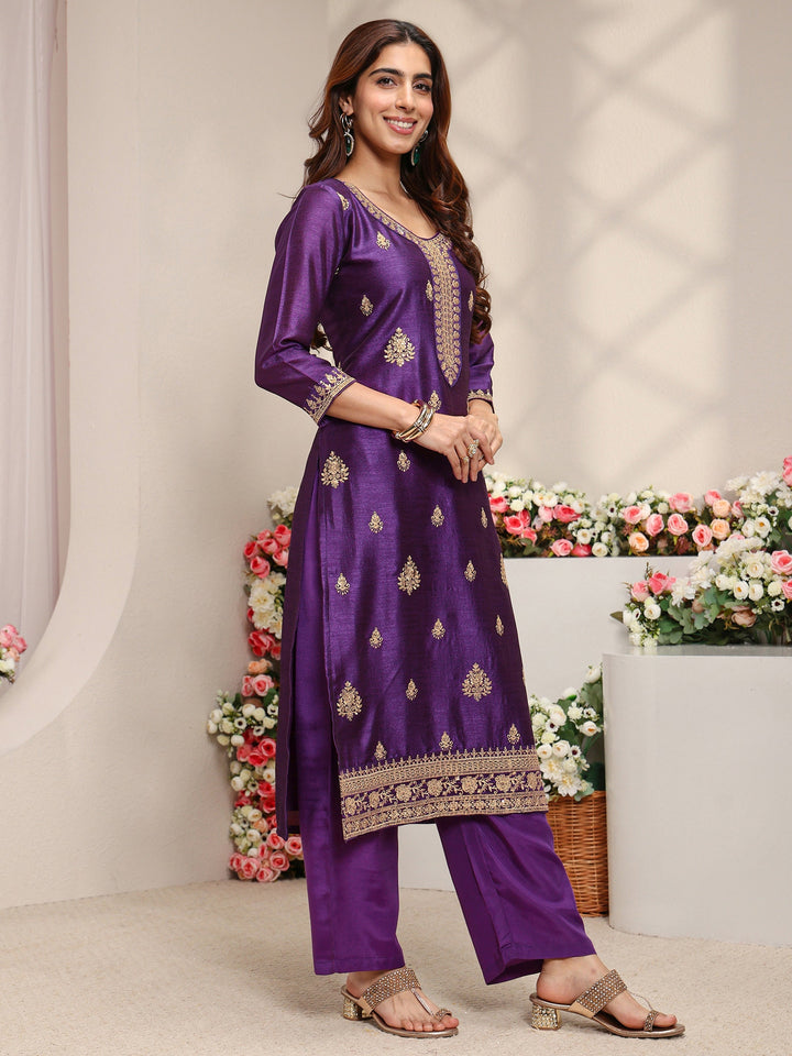 Purple Ethnic Motifs Embroidered Silk Blend Straight Suit Set With Dupatta