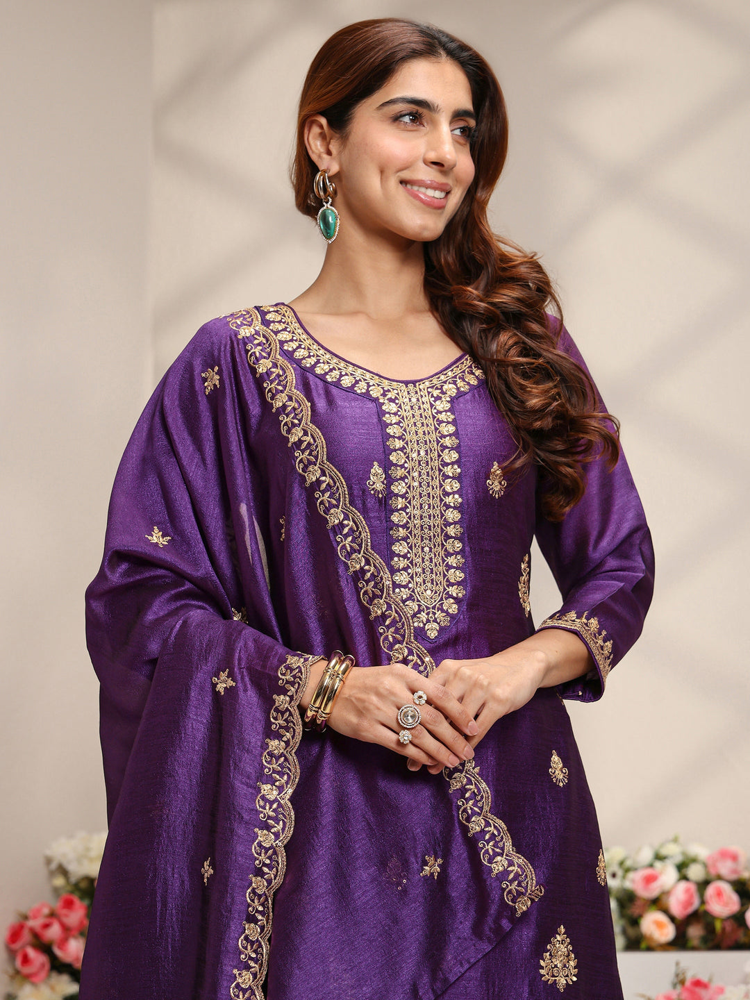 Purple Ethnic Motifs Embroidered Silk Blend Straight Suit Set With Dupatta