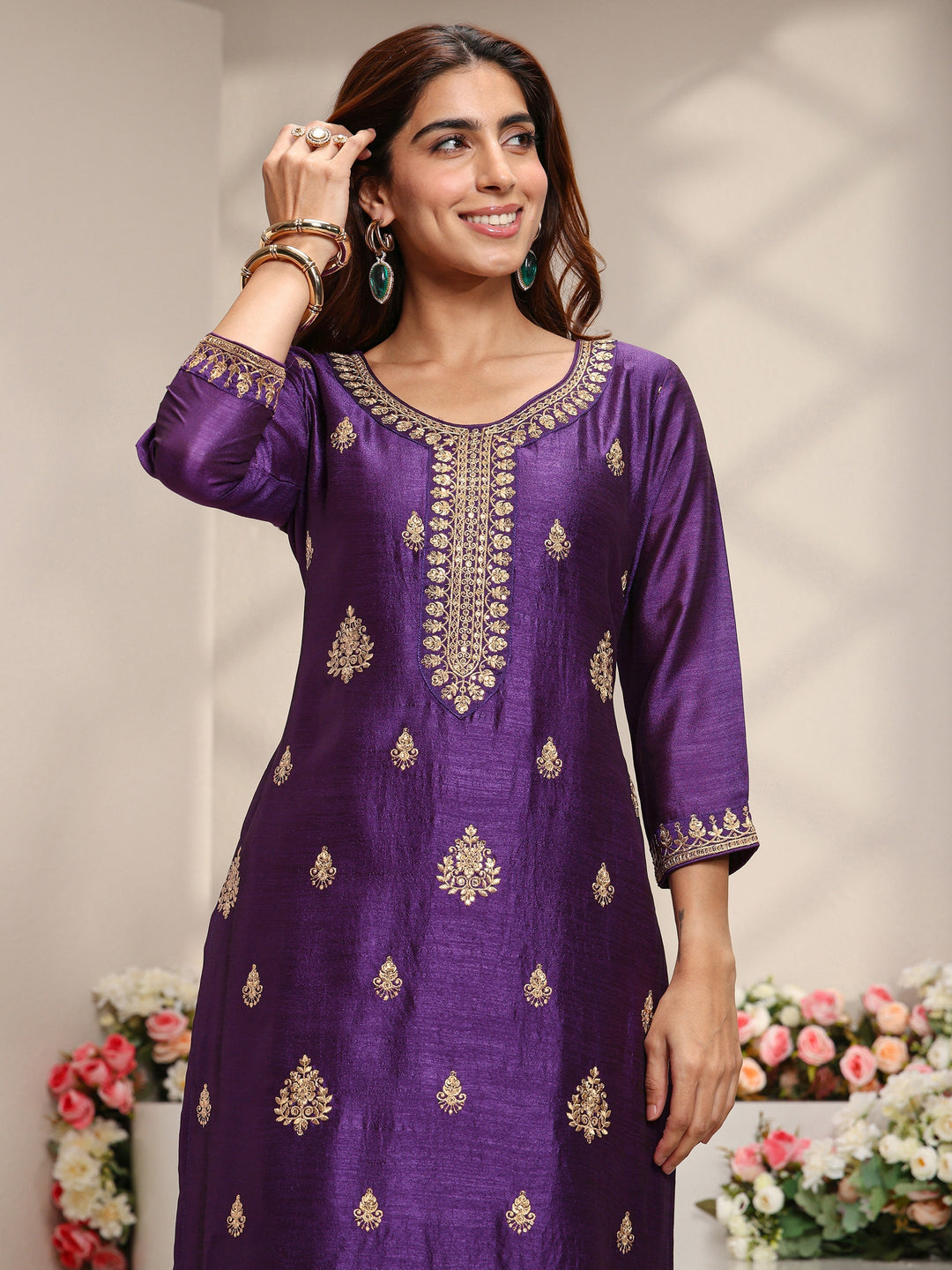 Purple Ethnic Motifs Embroidered Silk Blend Straight Suit Set With Dupatta