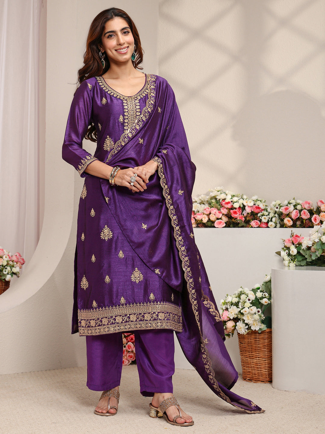 Purple Ethnic Motifs Embroidered Silk Blend Straight Suit Set With Dupatta
