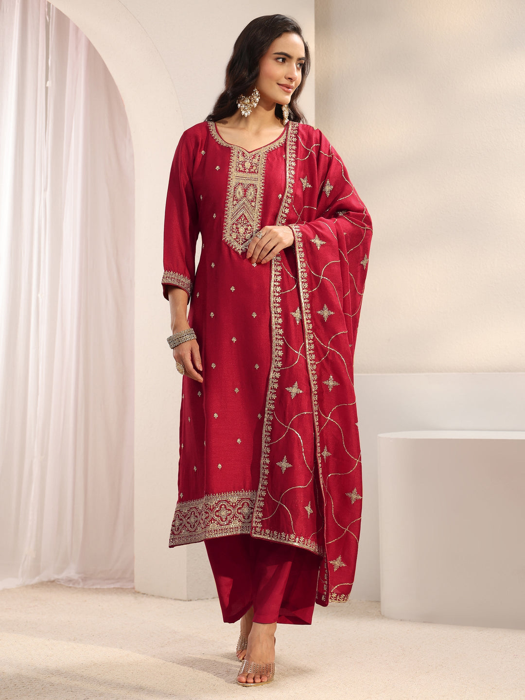 Red Ethnic Embroidered Silk Blend Straight Suit Set With Dupatta