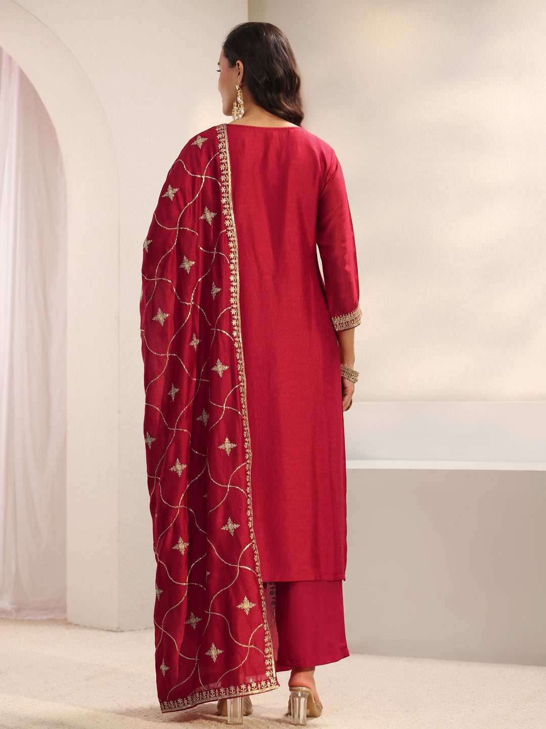 Red Ethnic Embroidered Silk Blend Straight Suit Set With Dupatta