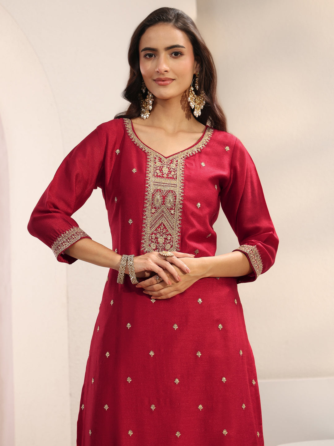 Red Ethnic Embroidered Silk Blend Straight Suit Set With Dupatta