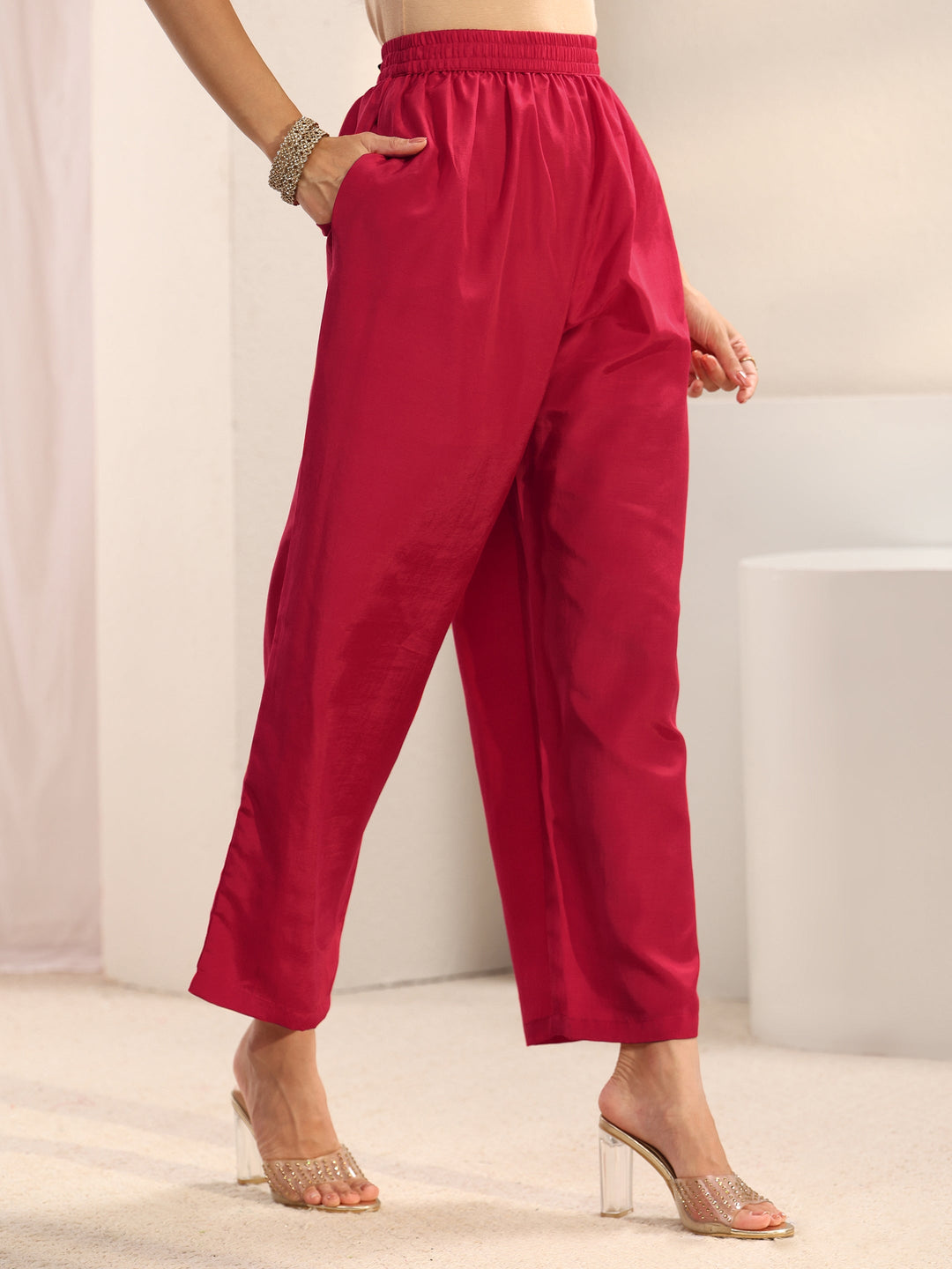 Red Ethnic Embroidered Silk Blend Straight Suit Set With Dupatta