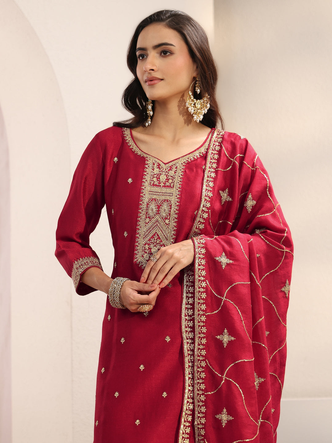 Red Ethnic Embroidered Silk Blend Straight Suit Set With Dupatta
